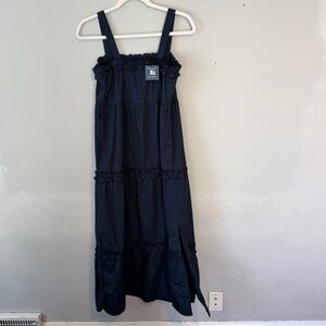 Madison Mathews Navy Blue Cotton Maxi Dress